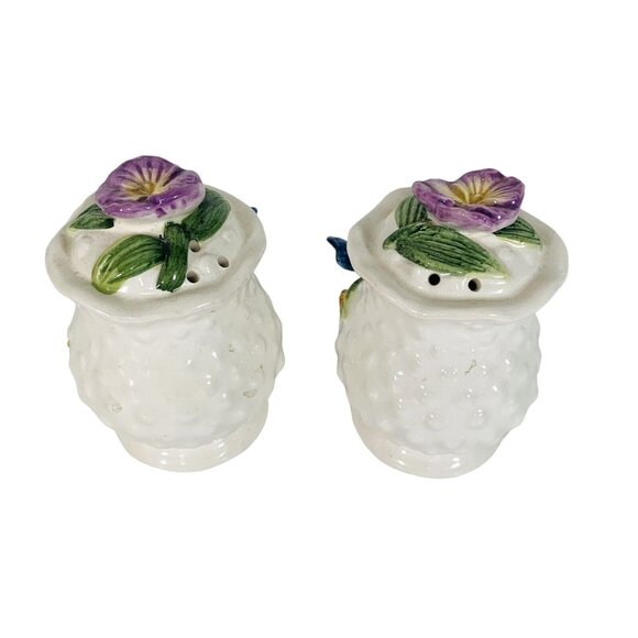 Bluebird Pansies Salt Pepper Shakers VTG Hobnail 3D Ceramic Cottage Tableware - Picture 4 of 13